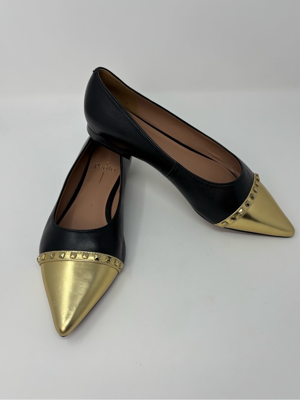 Linea Paolo Niche Black Leather Gold Studded Cap Toe Pointed Flats Shoes 7M